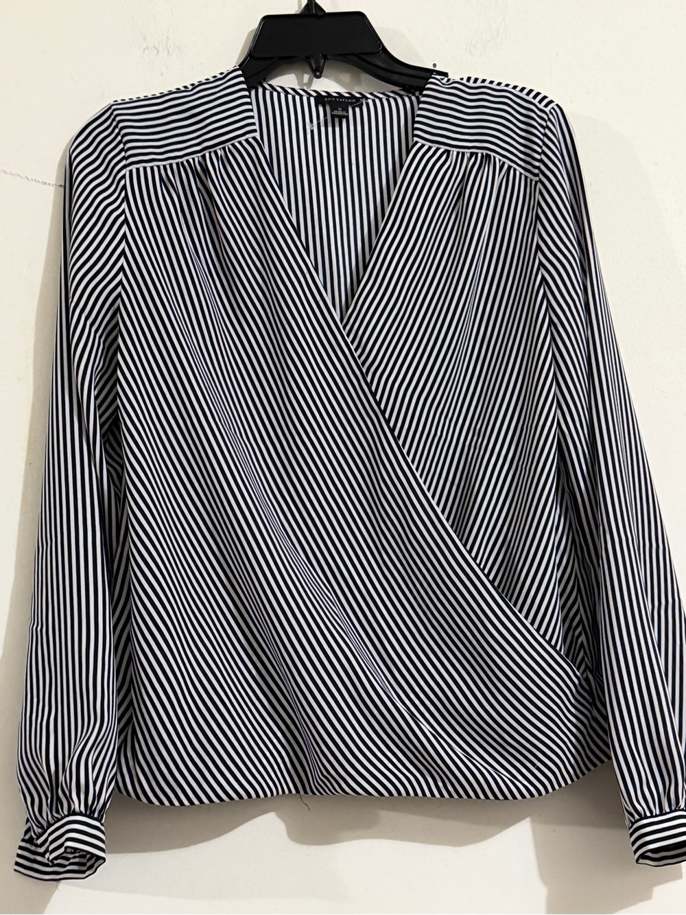 Ann Taylor Black & White Striped Wrap-Front Long Sleeve Shirt